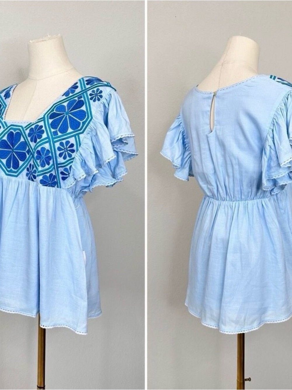 J.Marie Embroidered Flutter Sleeve Top - Light Blue NWT Medium - Picture 4 of 14